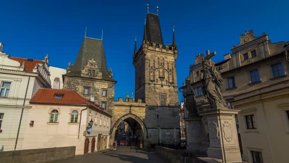 A View Along Charles Bridge in Prague Towards the Lesser Quarter in the Morning Timelapse Hyperlapse