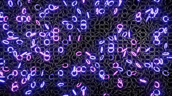 Abstract Festive Background with Rows of Toruses or Rings on Plane Flashing Neon Multicolored Light