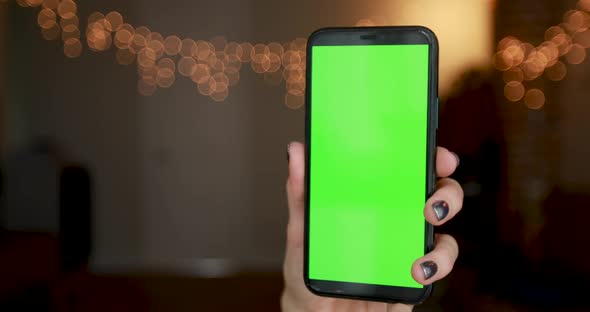 Young Woman Hand with Silver Manicure Holds Green Smartphone