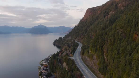 Sea to Sky Hwy in Howe Sound near Horseshoe Bay, West Vancouver, British Columbia, Canada. Aerial pa