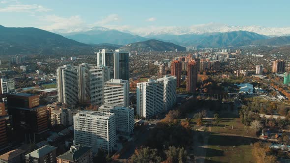 Aerial View Over Araucano Park Near Las Condes Financial District And Neighborhood In Santiago, Chil