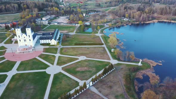 Majestic Aglona Cathedral in Latvia. White Chatolic Church Basilica. Aerial Dron 4K Shot