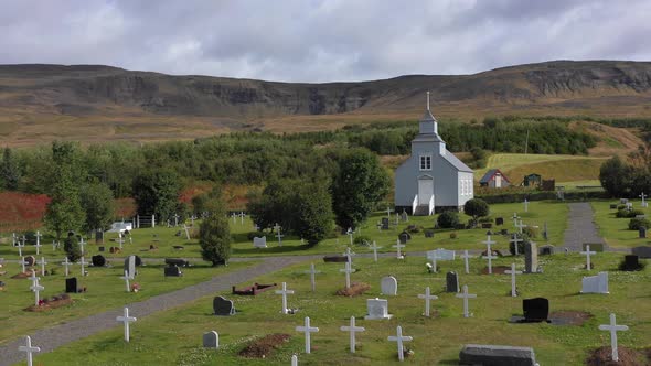 Old wooden Church and Cemetery in Iceland. 4K