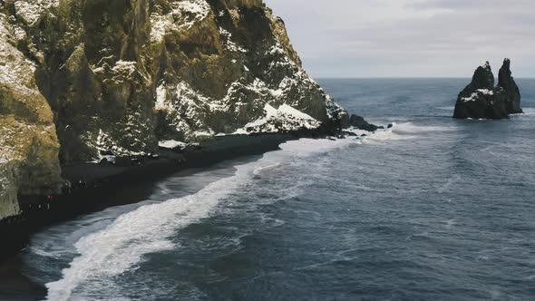 Aerial Drone View of Iconic Black Sand Beach in Reynisfjara Beach