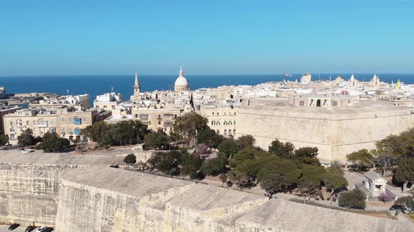 St. John's Bastion and Valletta Ditch, Malta. Aerial dolly out