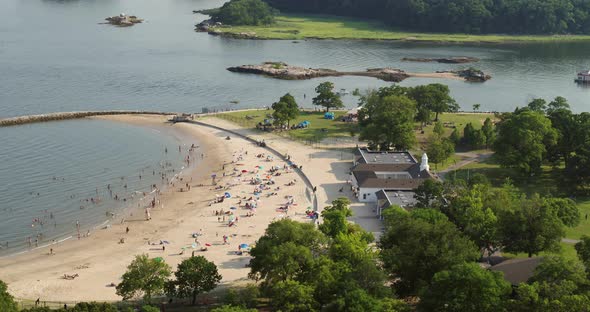 Aerial View of People at the Beach in New Rochelle New York