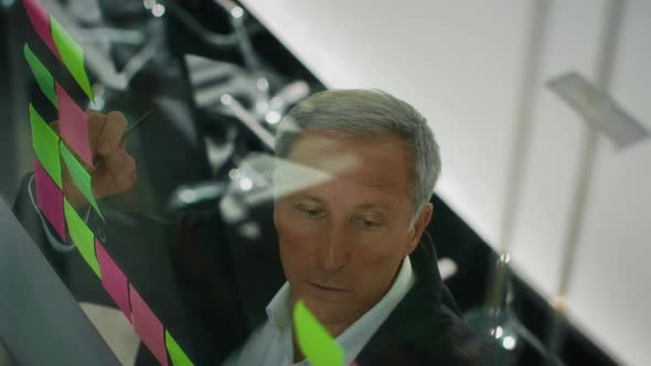 Businessman Writing Sticky Notes On Glass Board In Office HighAngle