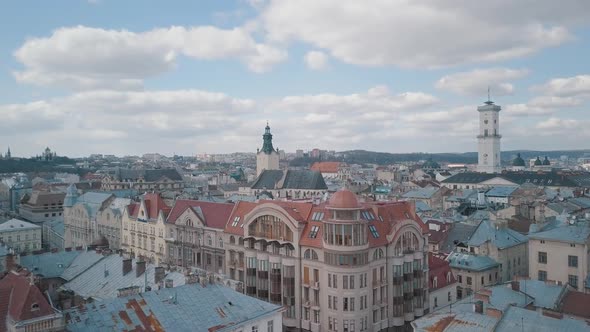 Aerial City Lviv, Ukraine. European City. Popular Areas of the City. Rooftops