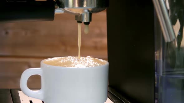 Fresh Espresso Coffee is Poured Into a White Cup From the Coffee Machine