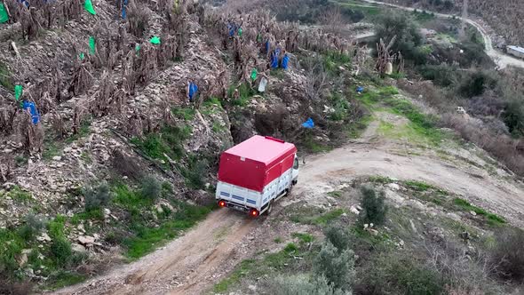 A car with bananas goes to the market aerial view 4 k Alanya Turkey