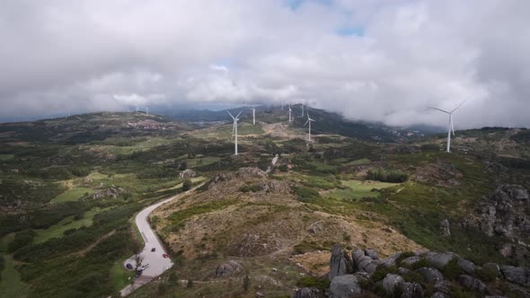 Eolic wind turbines seen from Caramulinho viewpoint, Caramulo in Portugal. Static view