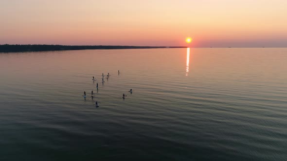 Aerial View of Surfers on Sea at Sunset