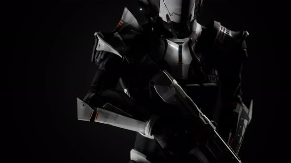 Futuristic Soldier in Steel Armor with the Cyber Punk Gun