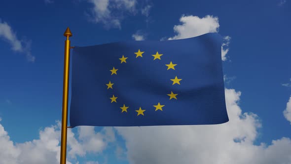 European Union flag with flagpole and blue sky timelapse, EU Flag of Europe