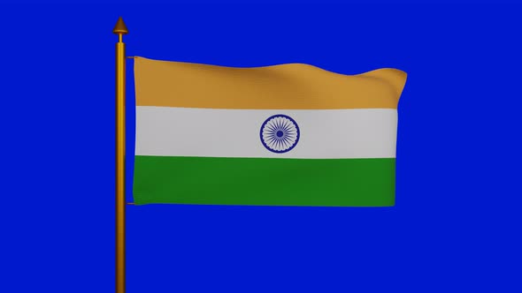 National flag of India waving with flagpole on chroma key, Republic of India flag textile