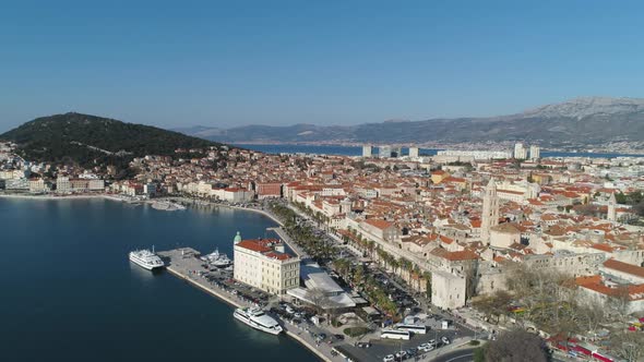 Aerial Orbit Around The Port Of Split, Croatia With City Buildings