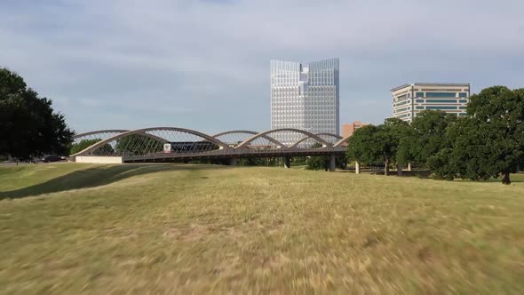 Drone footage of downtown Fort Worth Texas and Trinity River by 7th Street Bridge
