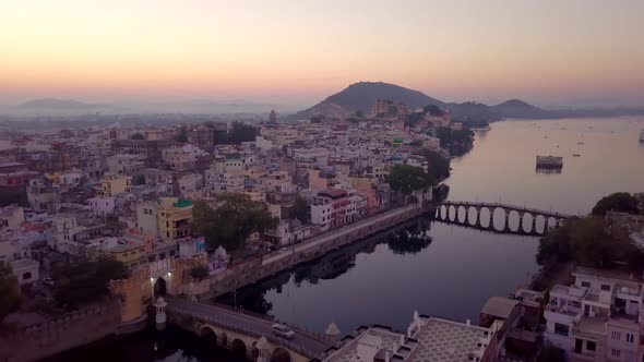 Aerial view Drone 4k of Lake Pichola And City Palace, Udaipur