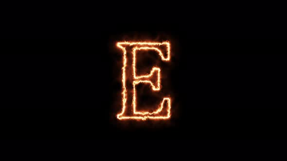 Fiery letter E. Animation on a black background a letter burning in a flame 4k video.