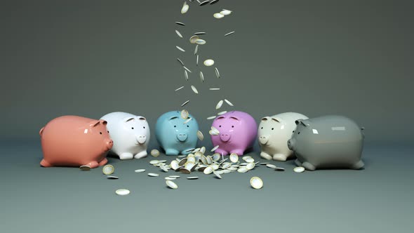 Coins fall next to piggy banks