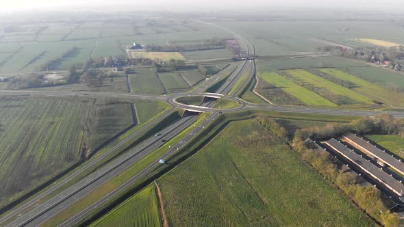 Aerial Top View of the Motorway. Interchange Between the Motorway and the City