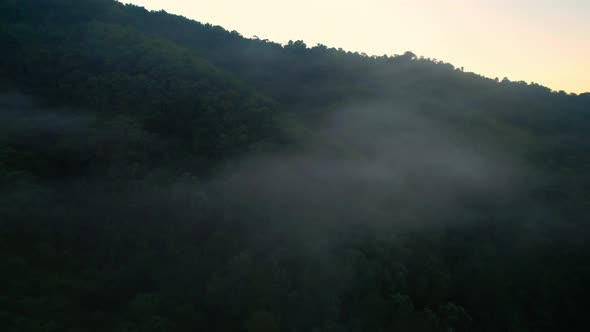 4K Aerial view of the misty sunrise in the forest. Tropical Rainforest in Thailand