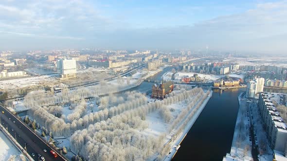 Aerial view of the Cathedral in Kaliningrad in the wintertime