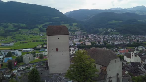Aerial drone view over Sargans castle in Switzerland
