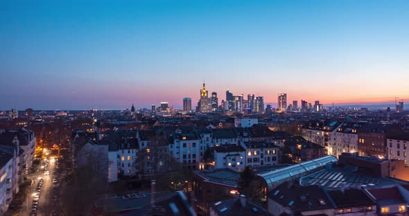 Aerial Hyper Lapse View of Frankfurt City Center and Residential Suburbs with Bright City Lights in