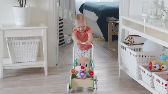 Toddler Learning to Walk with Wooden Block Walker Cute Kid Playing at Home Small Child Pushing