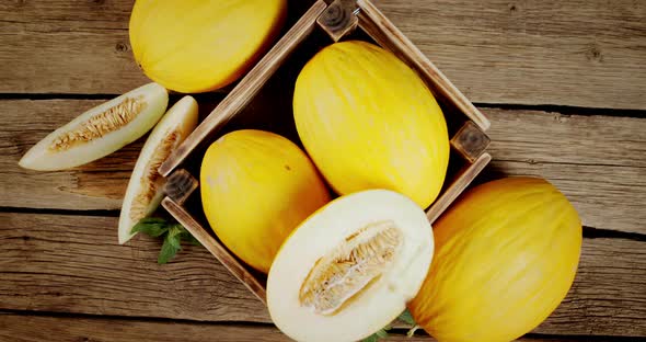 Fragrant Ripe Melon in a Box Slowly Rotates. 