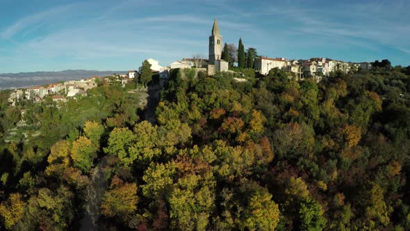 Church and buildings in Dobrinj Town, aerial shot