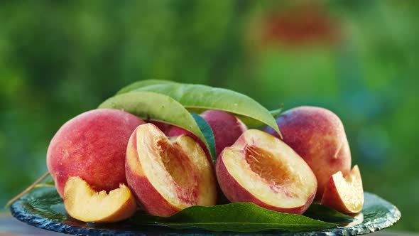 Ripe Peaches and Nectarine Rotating on Black Surface with Water Drops or Dew, Abstract Organic