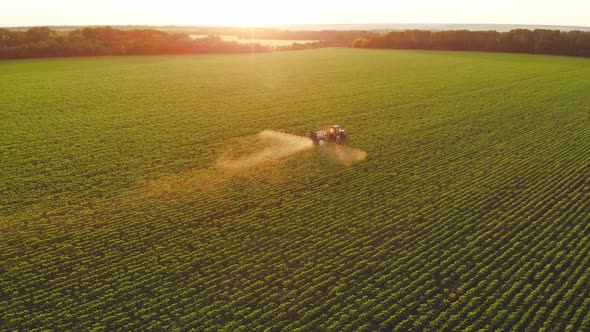 Aerial View of Farming Tractor Spraying on Field with Sprayer Herbicides and Pesticides at Sunset