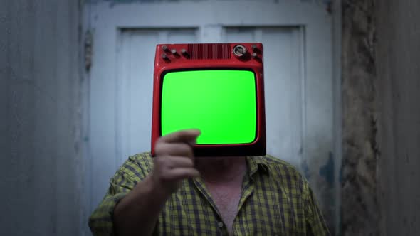 Man with an Old TV Green Screen Instead of Head.