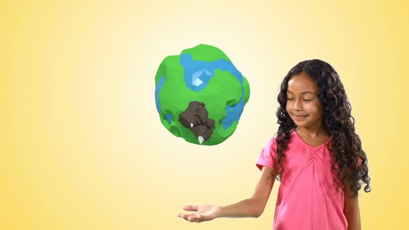 Girl pretending to hold a globe 4k