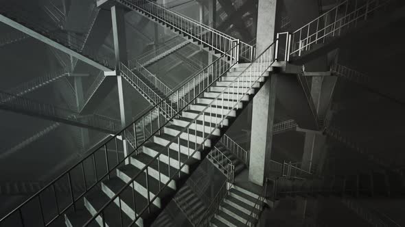 Brutalist stair maze descent loop. Bright white light and foggy atmosphere. 4KHD