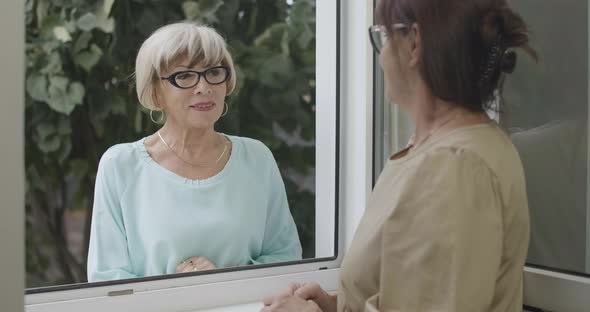 Beautiful Positive Senior Woman in Eyeglasses with Toothy Smile Talking with Neighbor Over Window