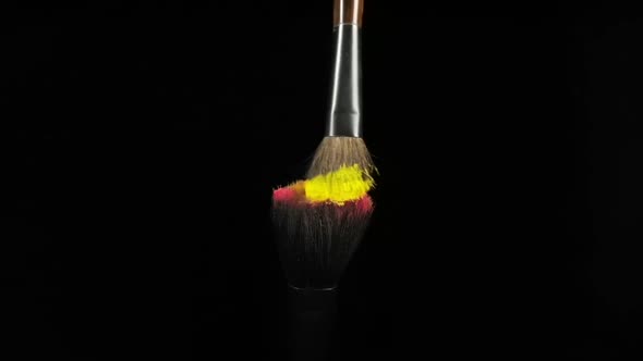 Makeup Brushes Touch Each Other on Black Dark Background and Small Particles of Color Cosmetics