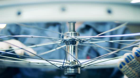 Spokes in a Bike Wheel Are Getting Adjusted By an Industrial Worker