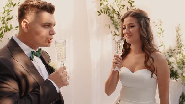 Groom and Bride Dress Drinking Champagne From Festive Glasses Wedding Ceremony for Newlyweds