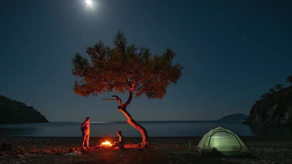 Camping By the Sea at Night