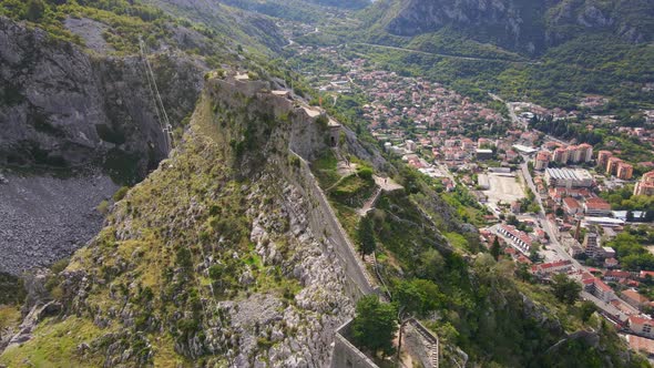 Aerial Shot of the Fortress St John San Giovanni Over the Old Town of Kotor the Famous Tourist Spot
