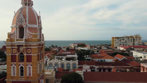 Aerial view of cathedral in the old historic center with the sea