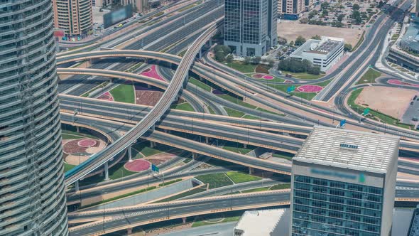 Aerial View of Highway Interchange in Dubai Downtown Timelapse