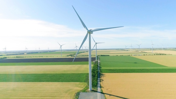 Group of windmills for electric power production in the agricultural fields.