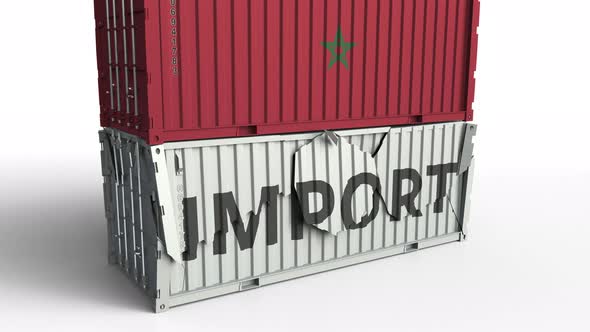 Container with IMPORT Text Being Crashed with Container with Flag of Morocco alt