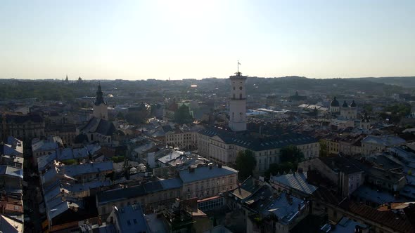 City Hall with Clock Tower at the Lviv City Center