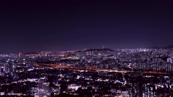 View of Seoul City Skyline and Seoul Tower at night South Korea
