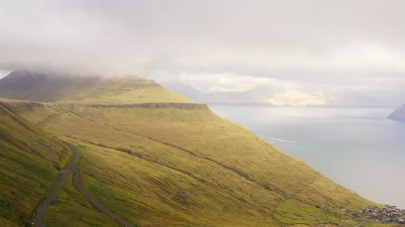 Drone Shot Over Mountains And Fjord Of Funningur